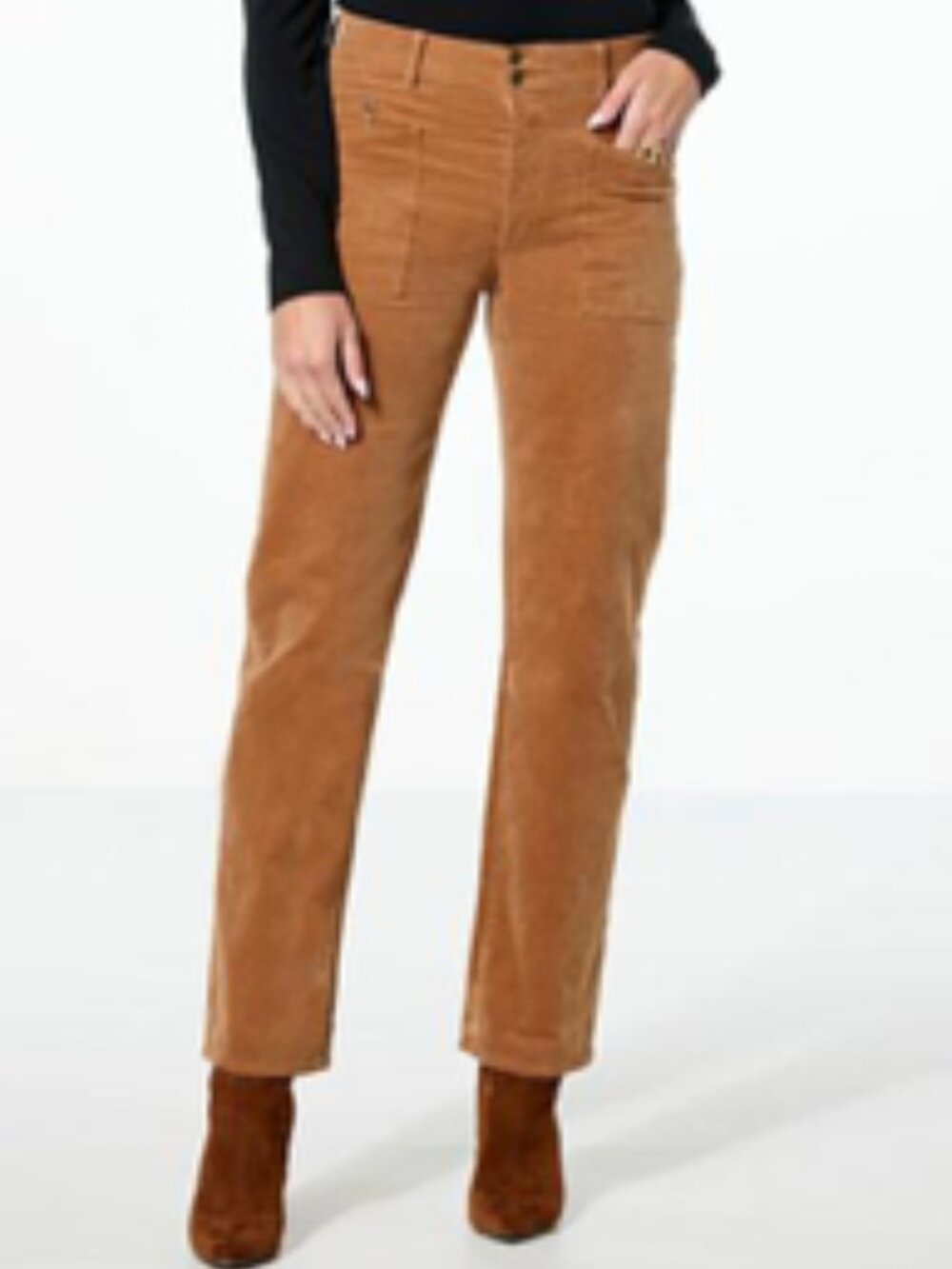 TWRHLL by Christie Brinkley Camel Tan Stretch Cotton Corduroy Straight Leg Pant